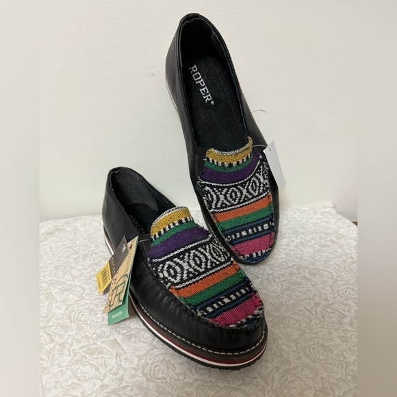 Roper Shoes - NWT Roper Ladies Jacolin Leather/Serape Shoes Black Country Western Loafers 7.5